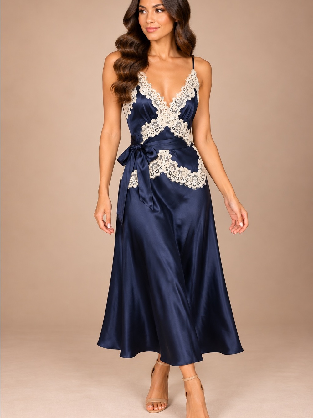 Doen Navy Satin Slip Dress with Ivory Lace